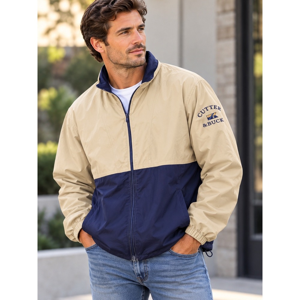 Cutter & Buck Men's XL Windbreaker Jacket Navy Beige Full Zip Golf Retro